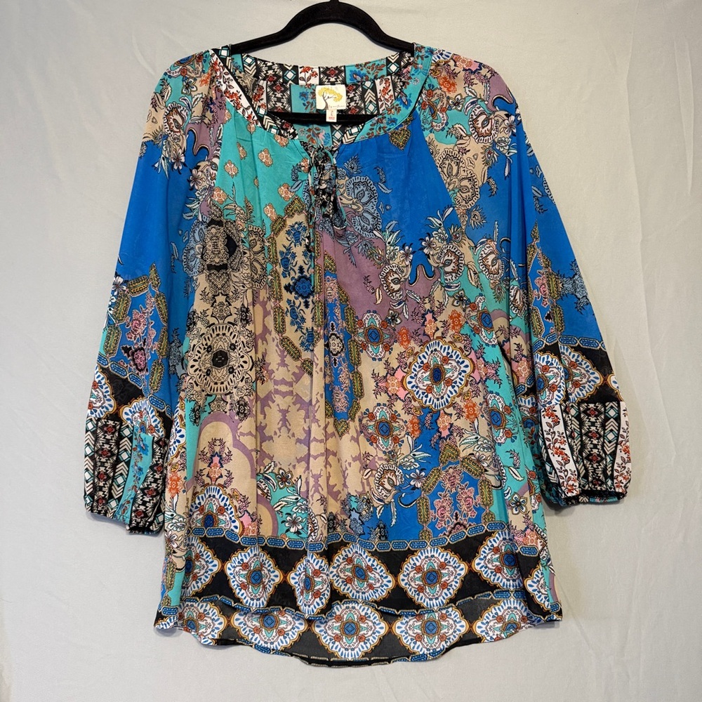 Fig And Flower Anthropologie Womens Indie Boho Sheer Blouse Size L  Artsy Top